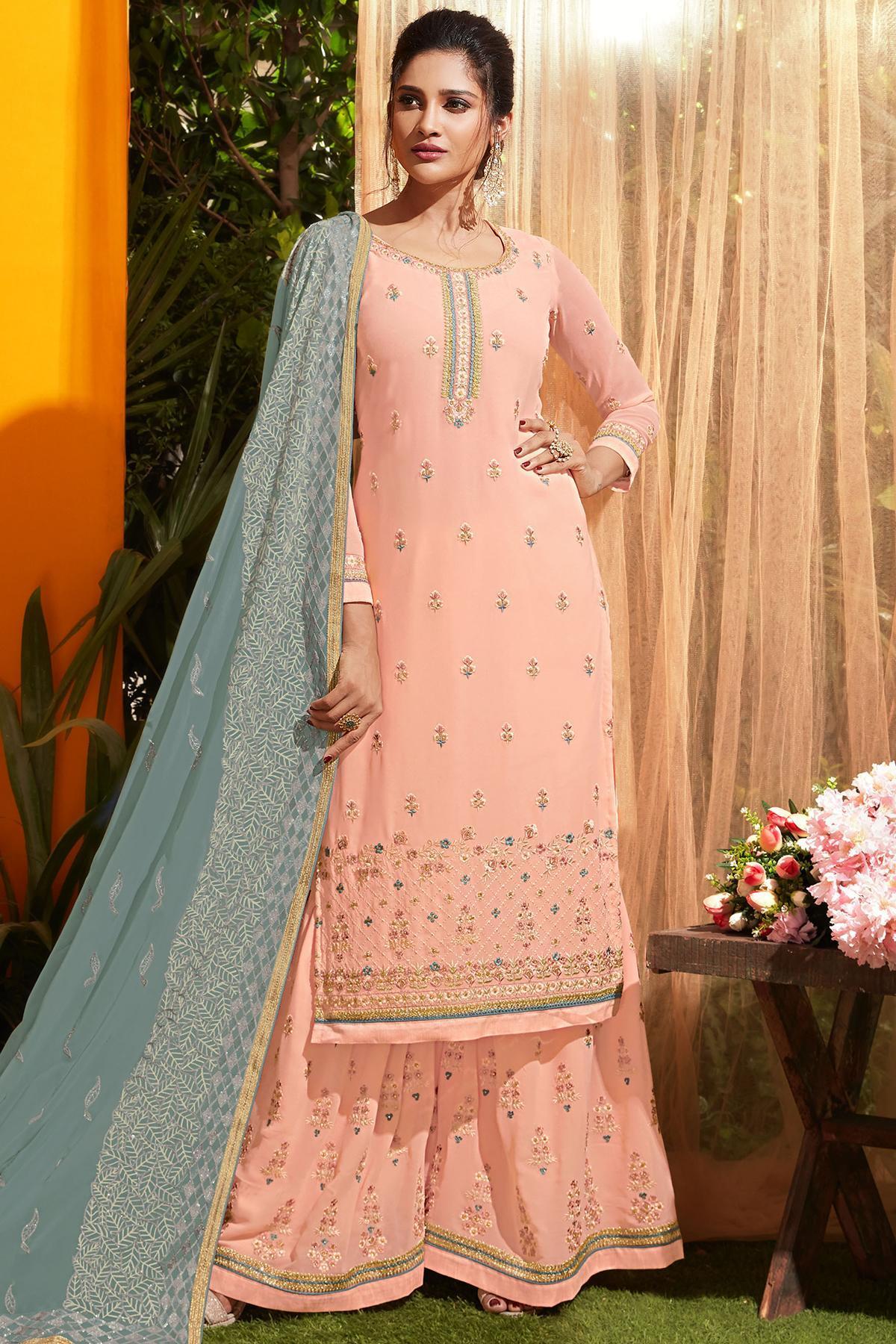 Baby Pink And Grey Designer Gharara Suit
