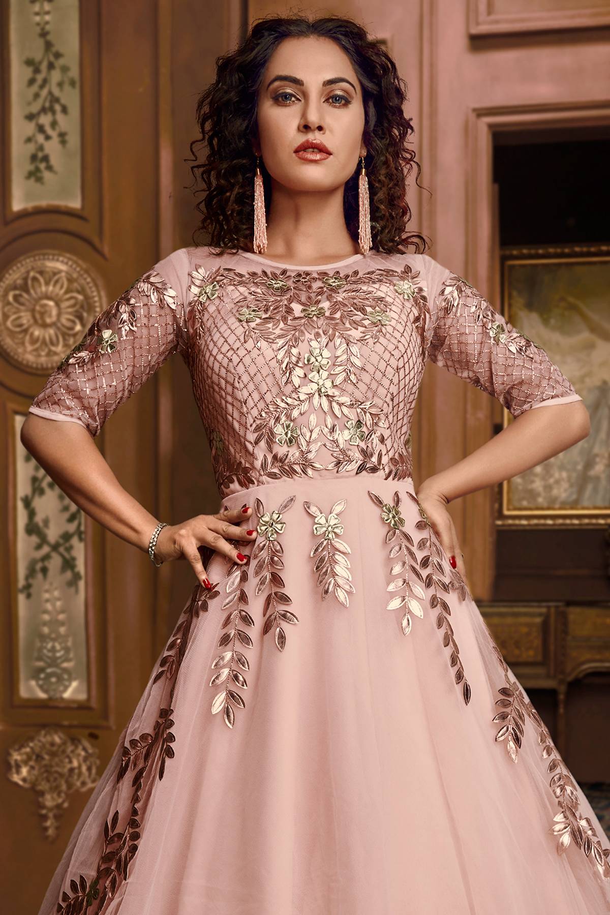 Baby Pink Designer Silk Layered Gown