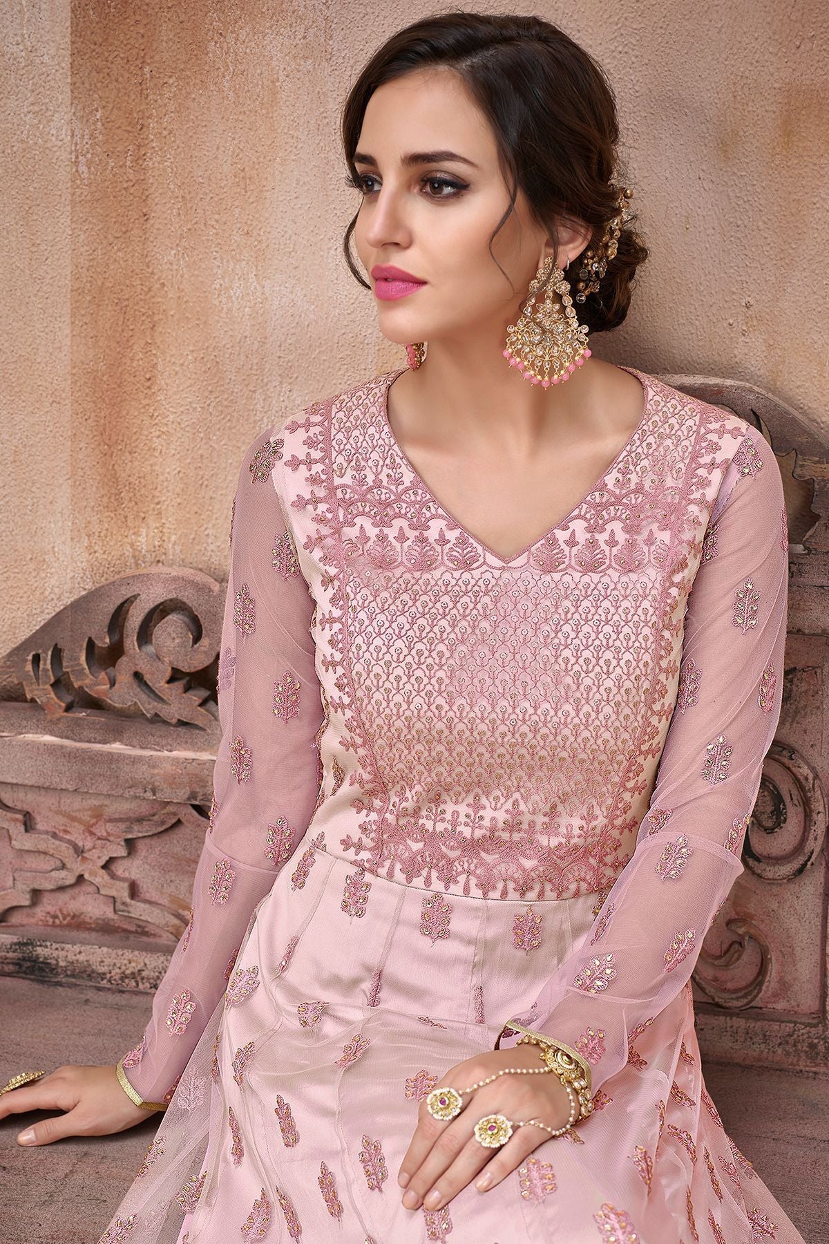 Baby Pink Embroidered Net Anarkali Suit