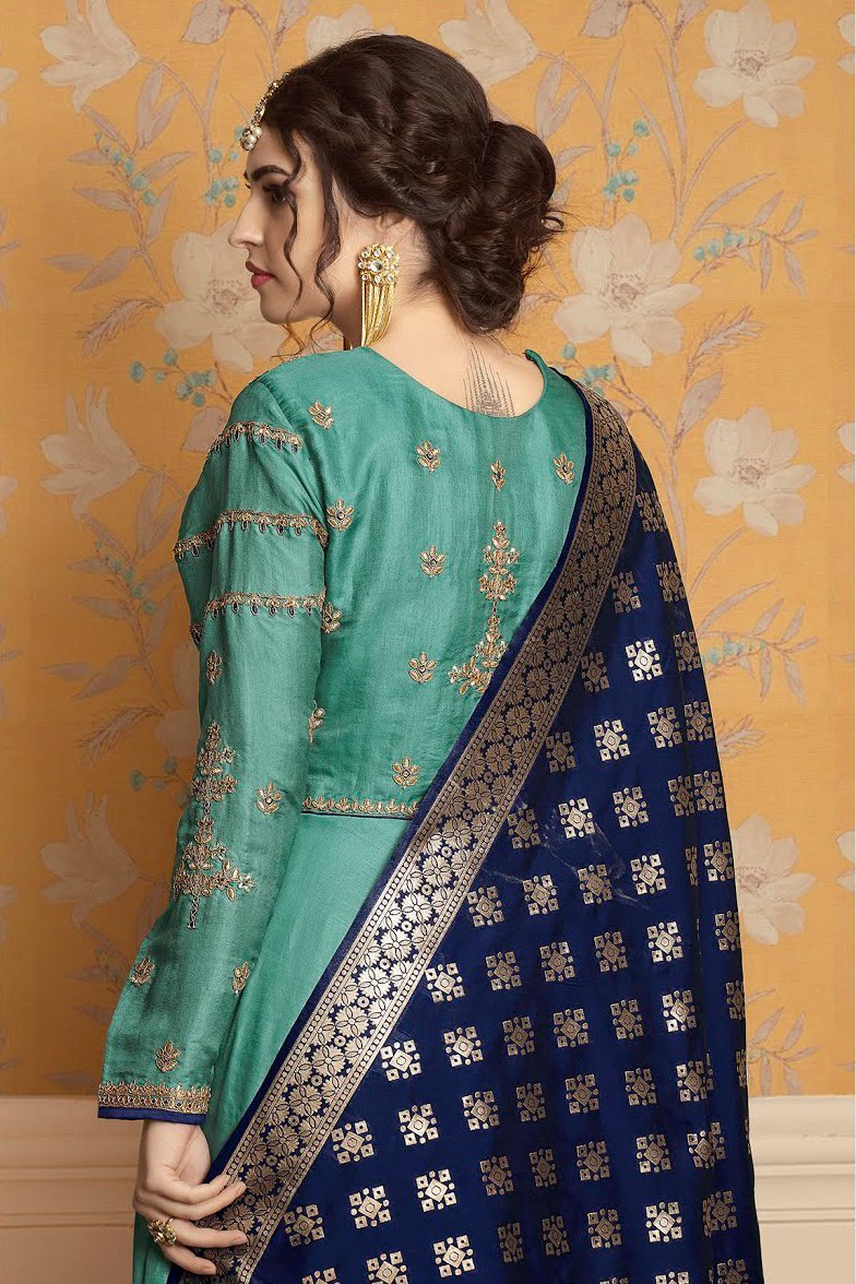 Patina and Navy-Blue pure tussar satin Gown
