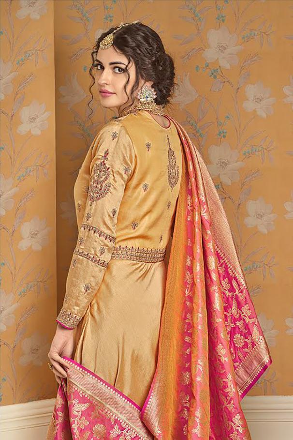 Gold Sand and Hot Pink pure tussar satin Gown