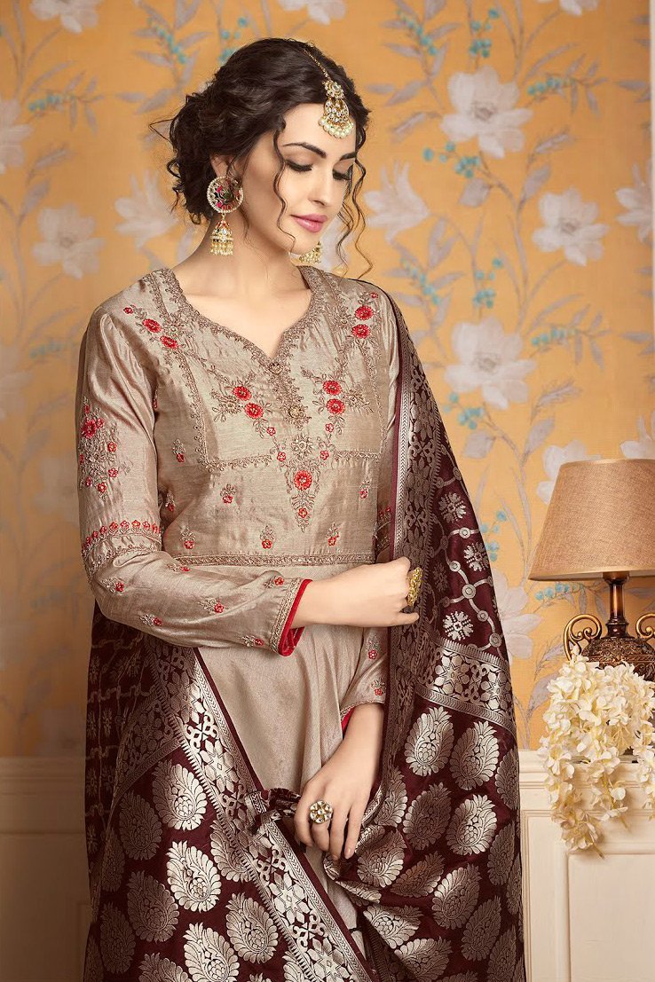 Slate Gray and Chocolate Brown pure tussar satin Gown