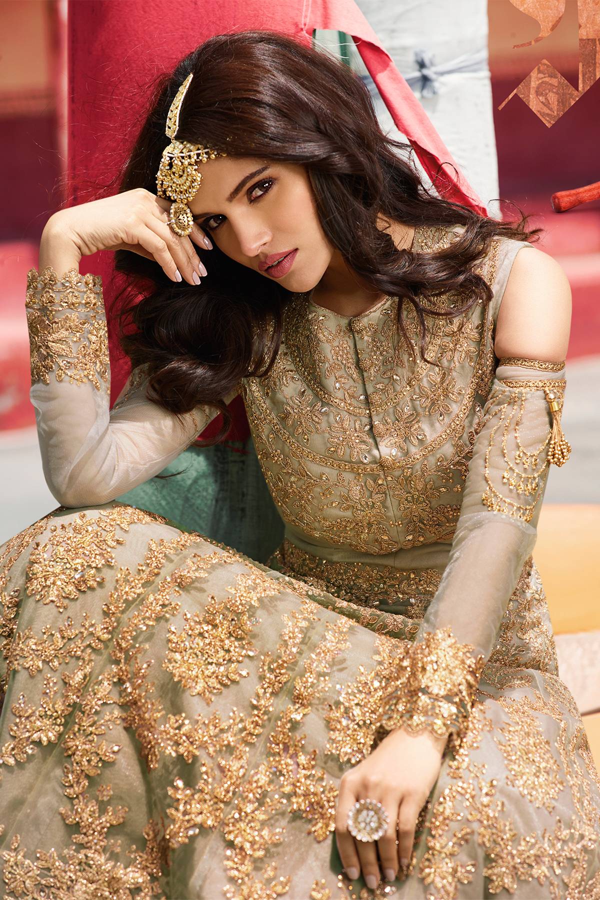 Beige Designer Partywear Anarkali Suit