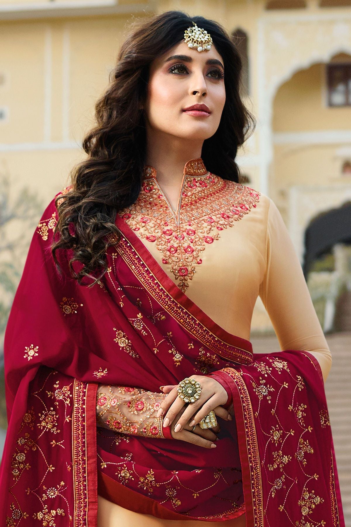 Beige Georgette Casual Straight Suit