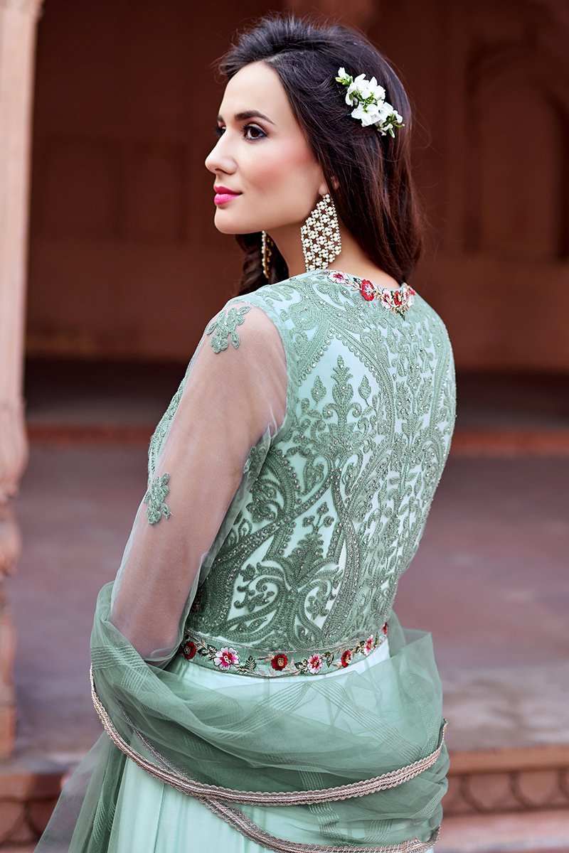 Cream Embroidered Net Party Wear Anarkali Suit