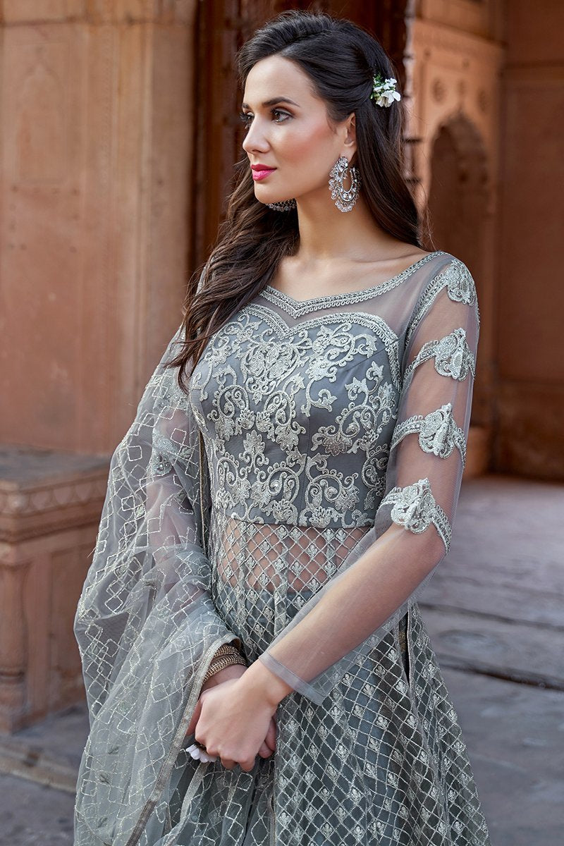 Grey Embroidered Net Anarkali Lehenga Style Suit
