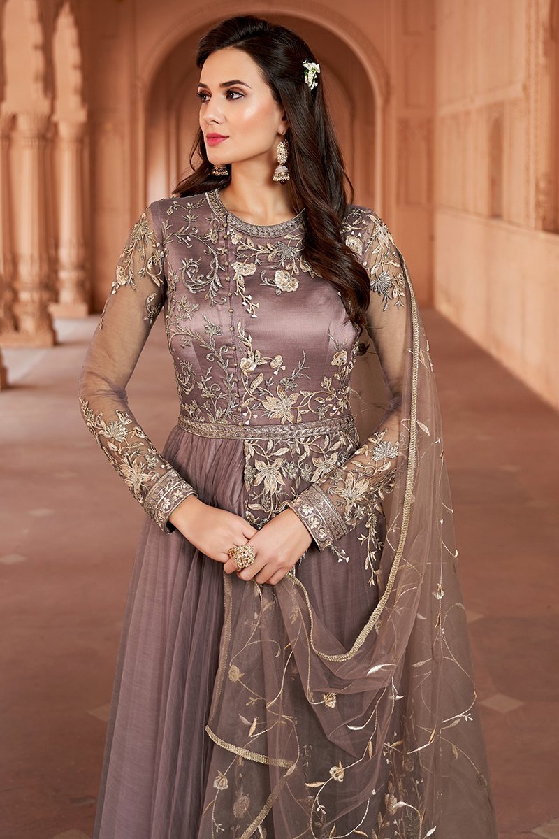 Lavender Embroidered Net Party Wear Anarkali Suit