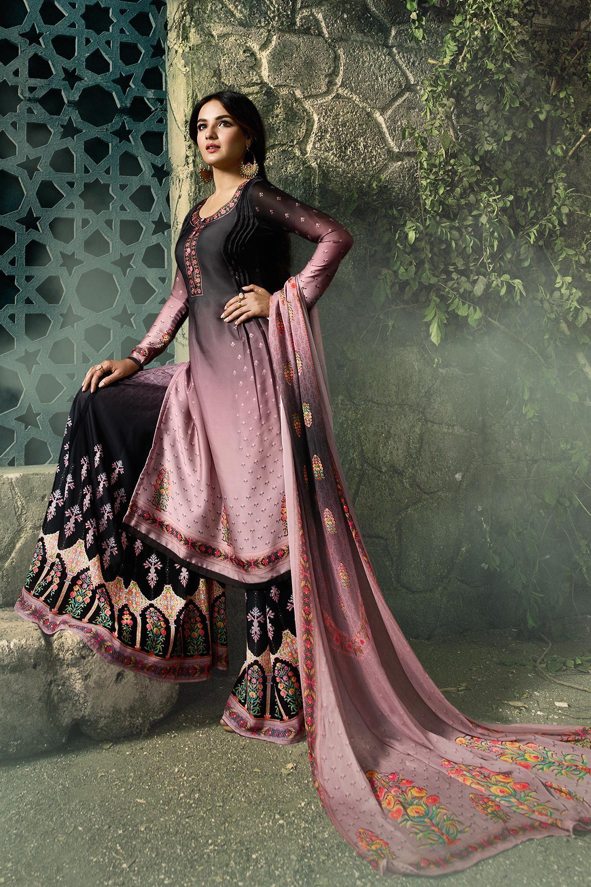 Black and Crape Pink Georgette Sharara Suit