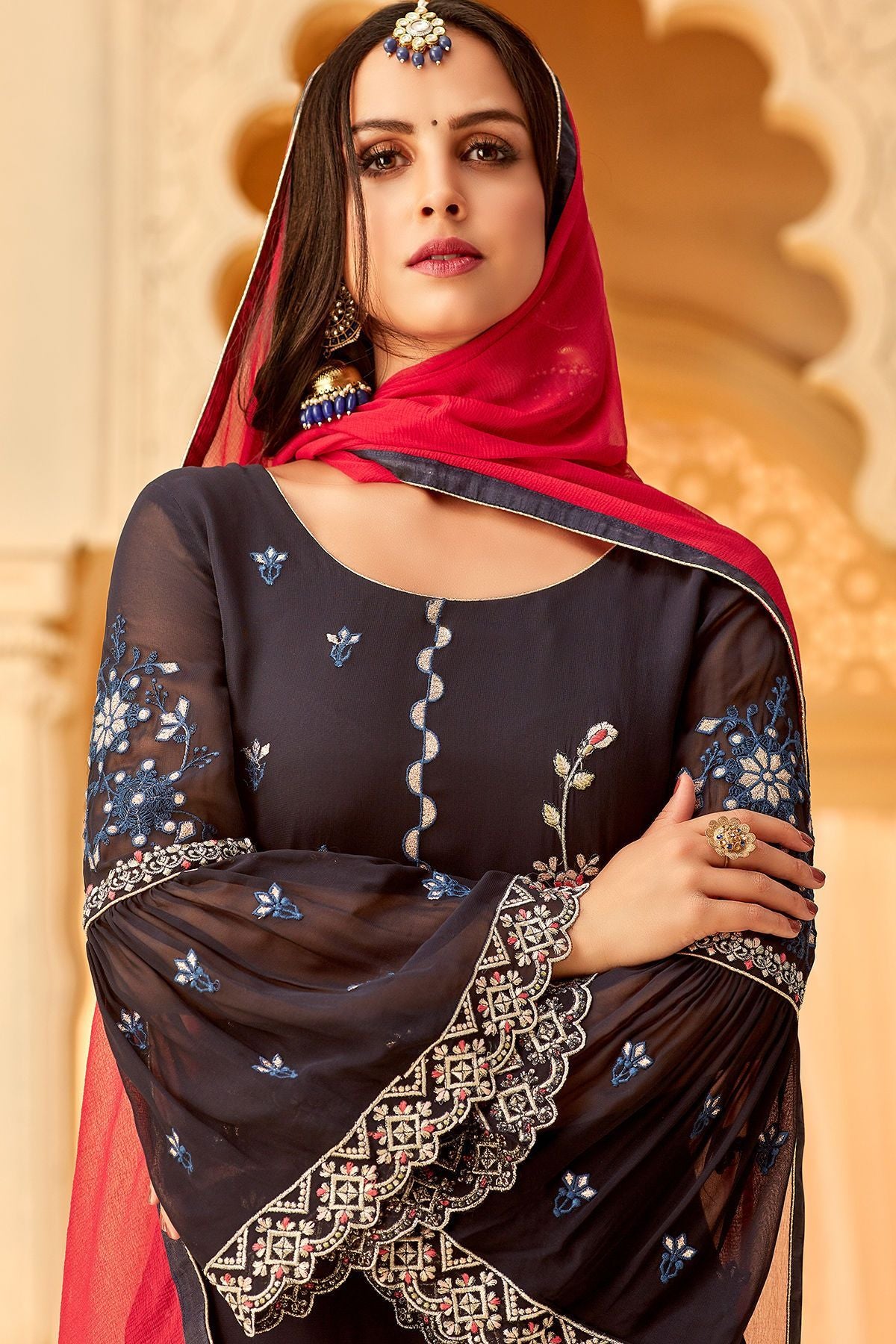 Black Georgette Embroidered Palazzo Suit