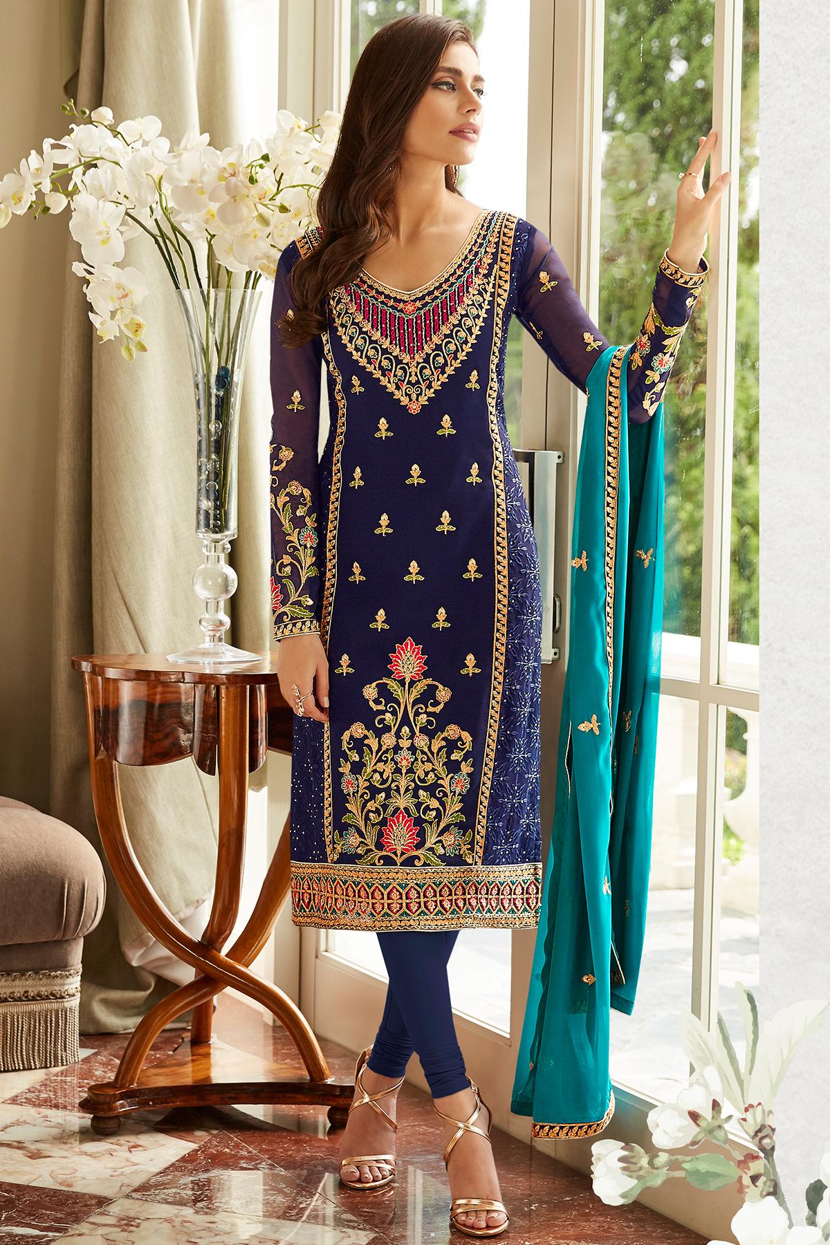Blue Designer Georgette Straight Suit