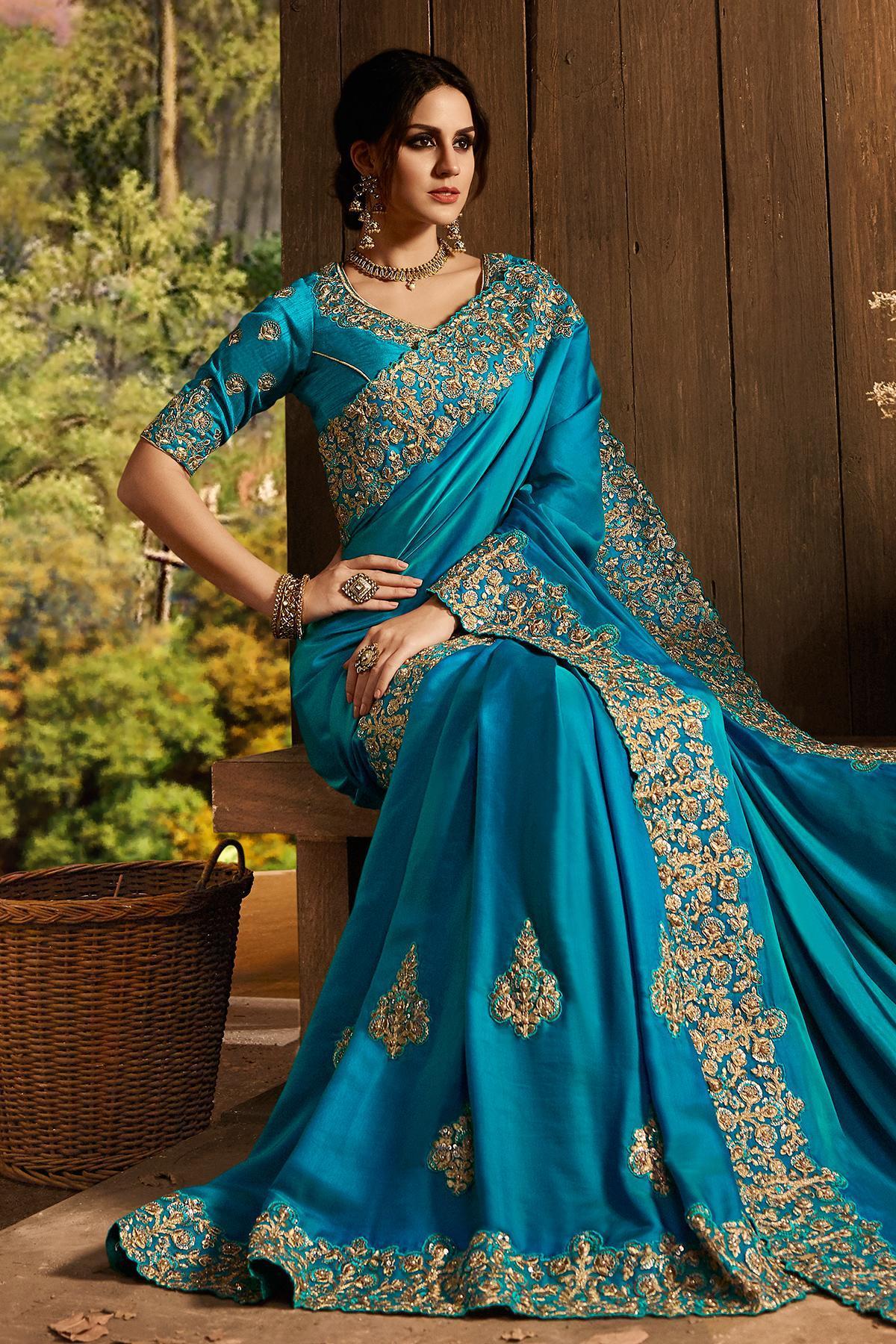 Blue Designer Party Wear Silk Sari