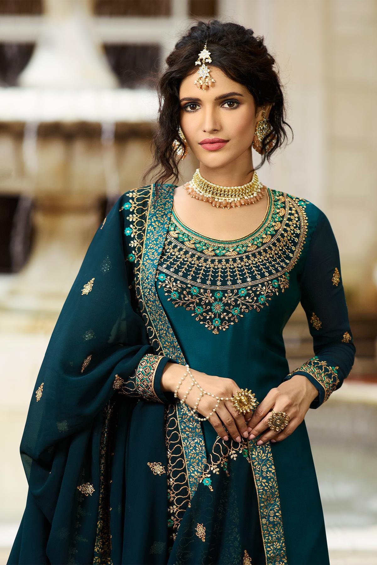 Blue Designer Satin Georgette Gharara Suit
