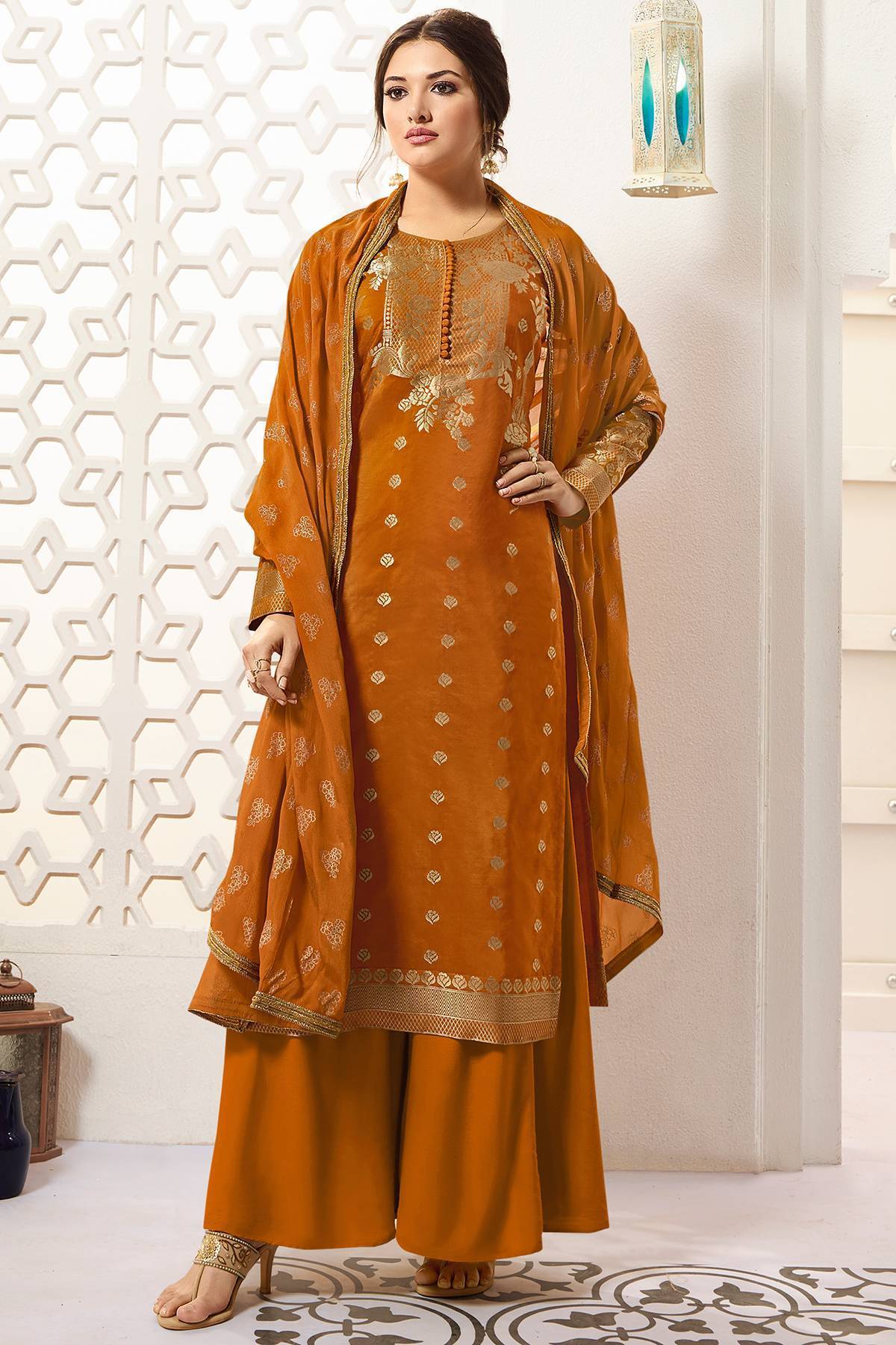 Bronze Orange Designer Silk Palazzo Suit