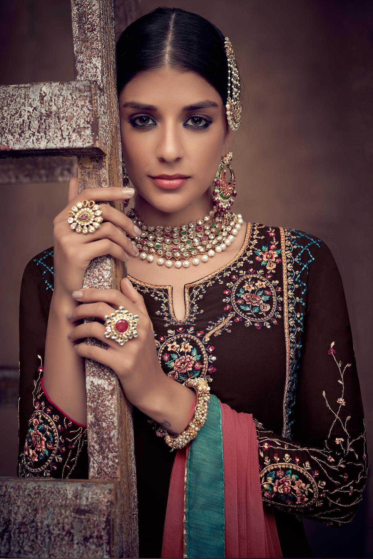 Brown And Pink Designer Palazzo Suit
