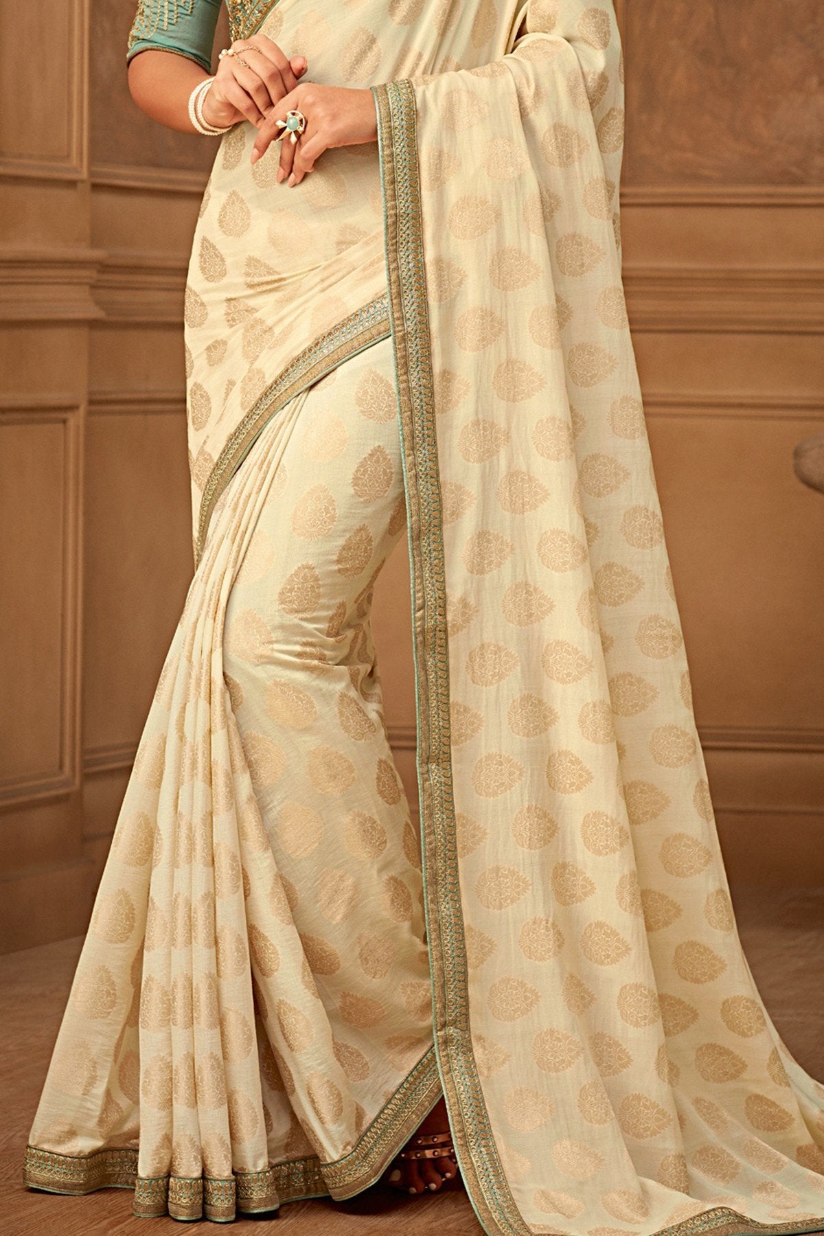Cream Designer Party Wear Silk Sari