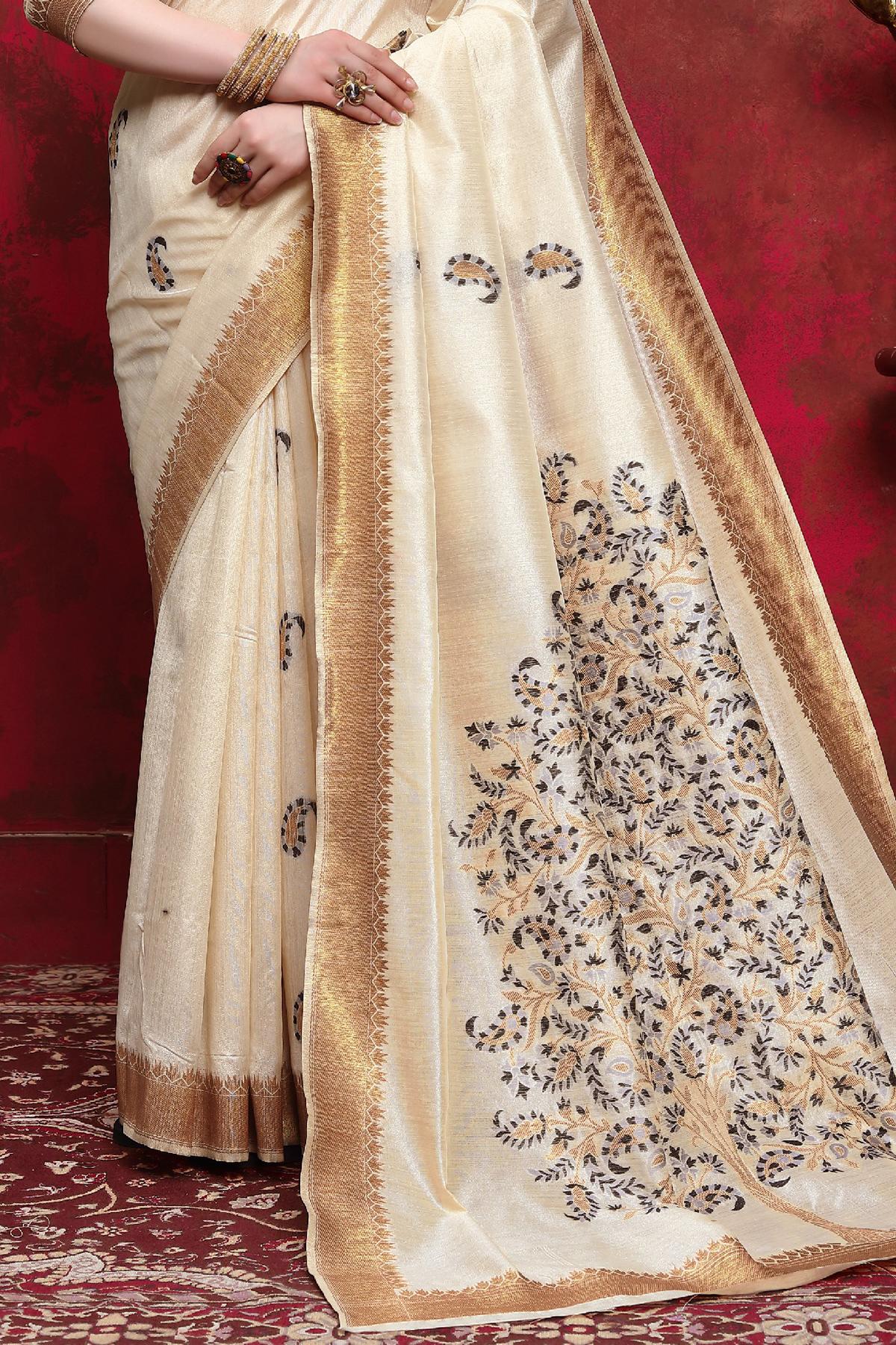 Cream Foil Printed Designer Silk Sari