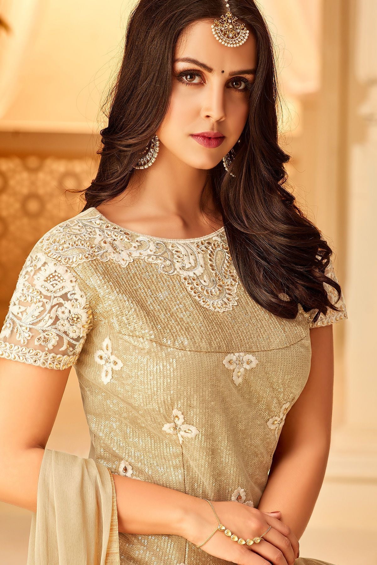 Cream Net embroidered Party Wear Palazzo Suit