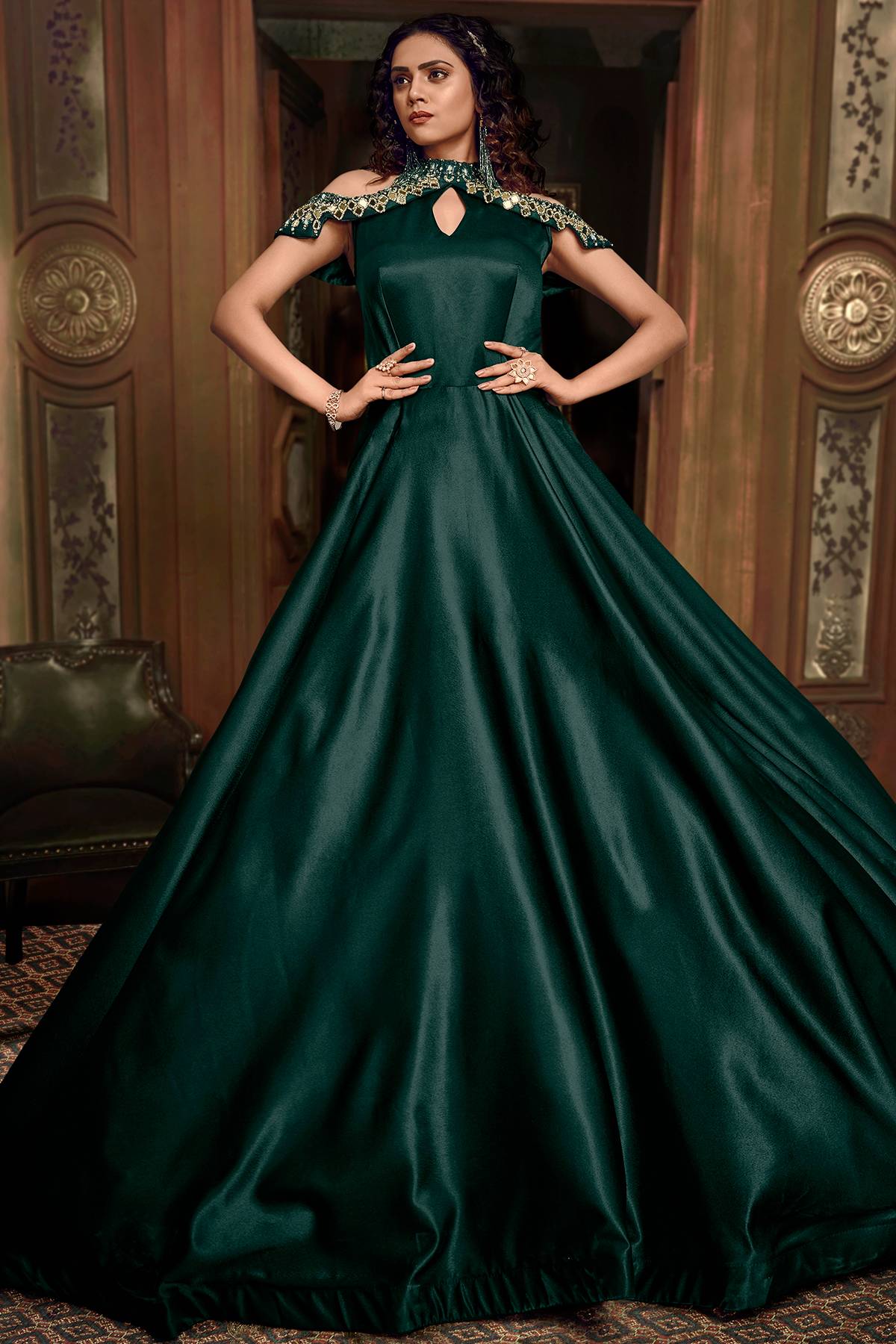Dark Green Designer Silk Gown - S Dark Green Designer Silk Gown - S