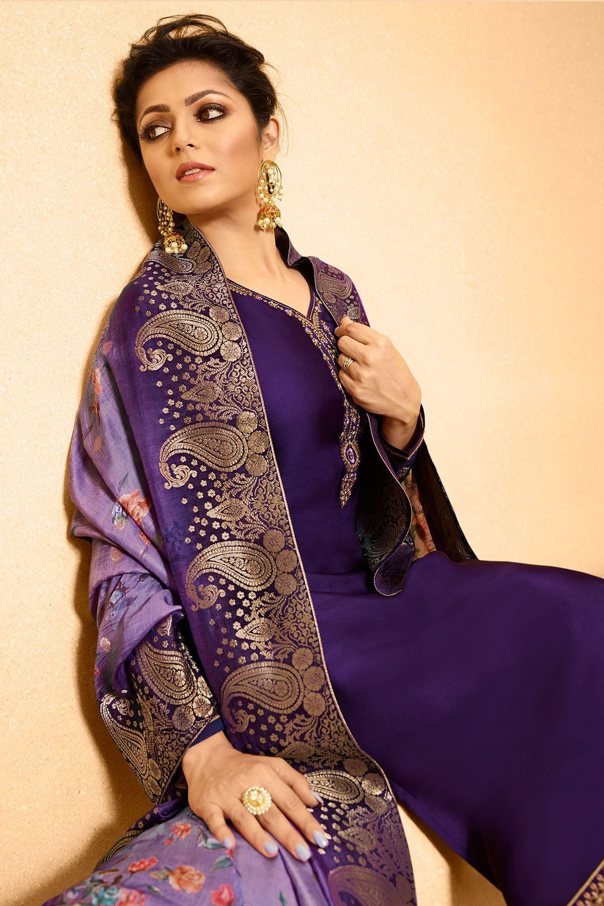 Dark Voilet Georgette Casual Straight Suit