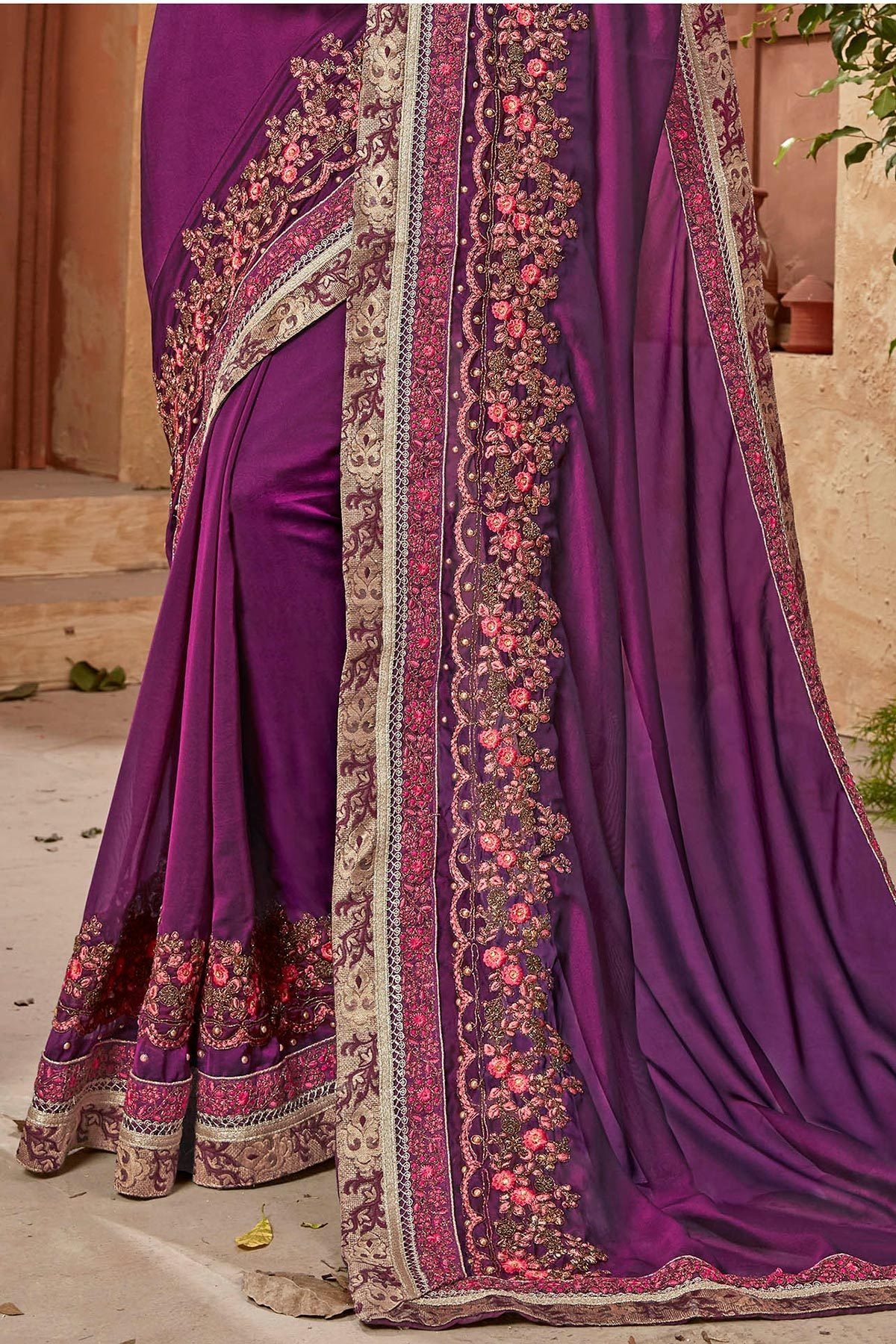 Purple Saree and Blouse with heavy embroidery