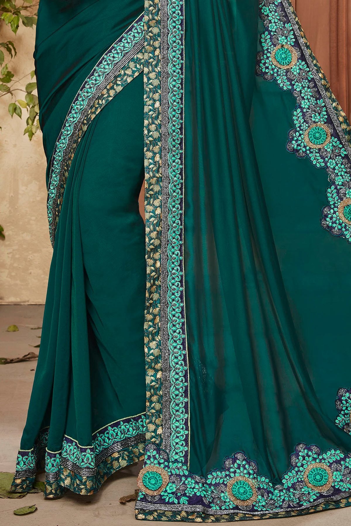 Green Saree and matching Blouse with heavy embroidery