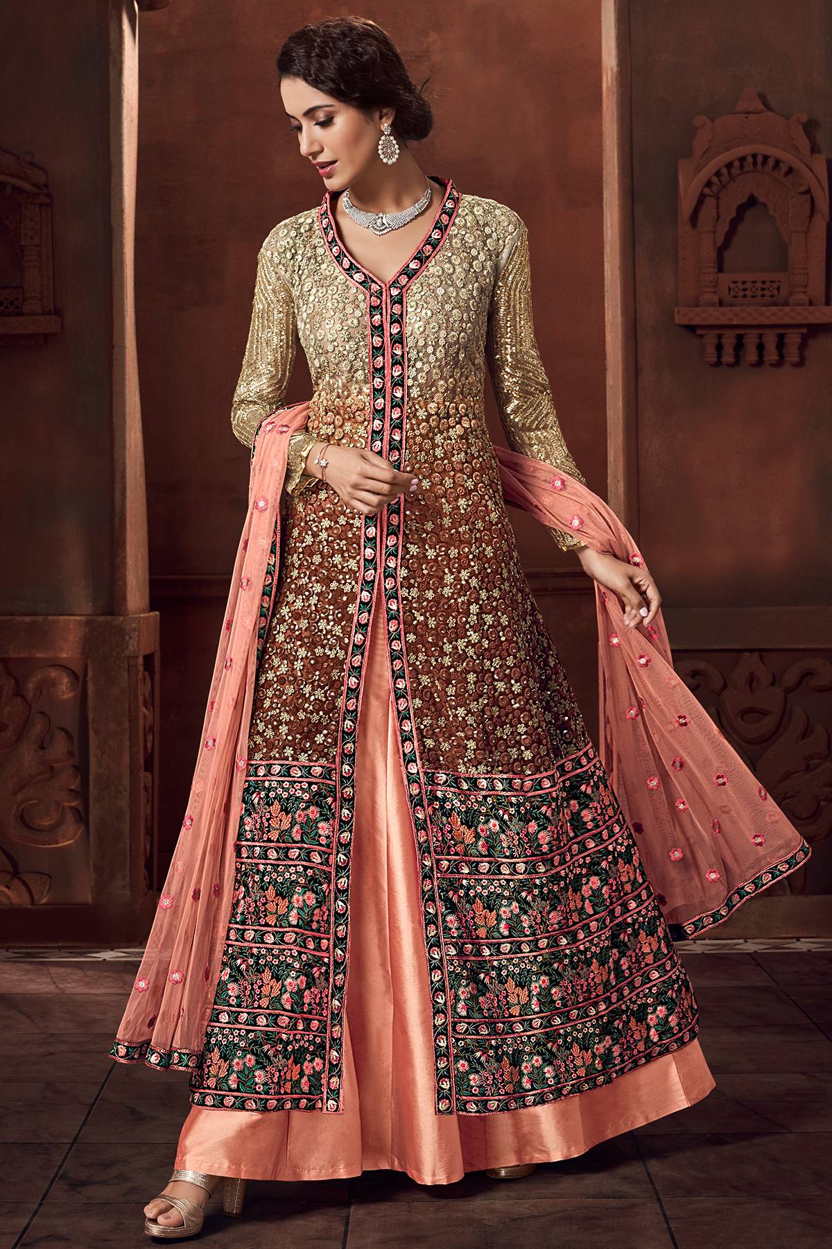 Dual Tone Brown and Peach Designer Net Lehenga Suit