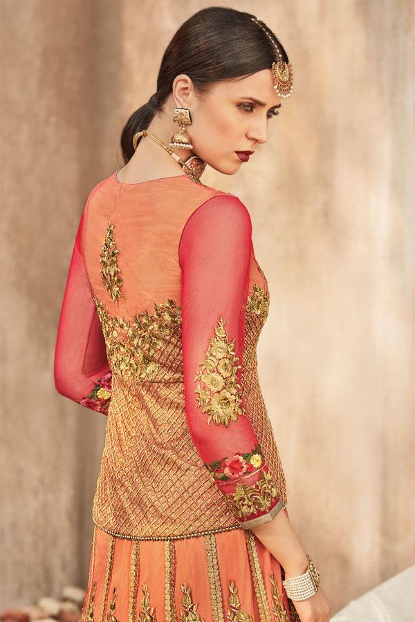 Red and Golden Party wear Lehenga Style Anarkali Suit