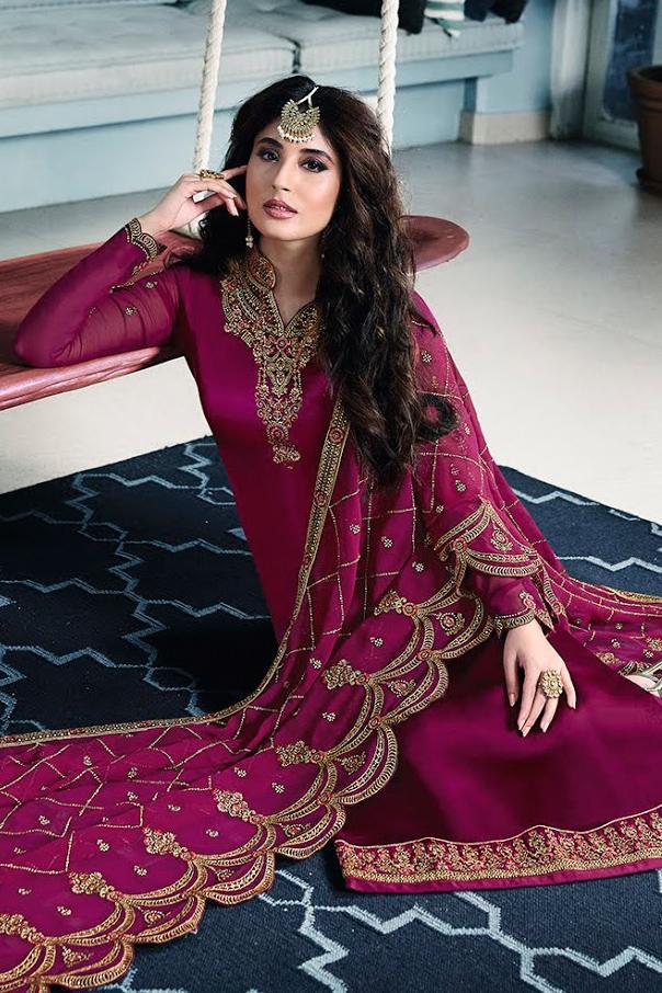 Magenta Green Satin georgette Party Wear Suit