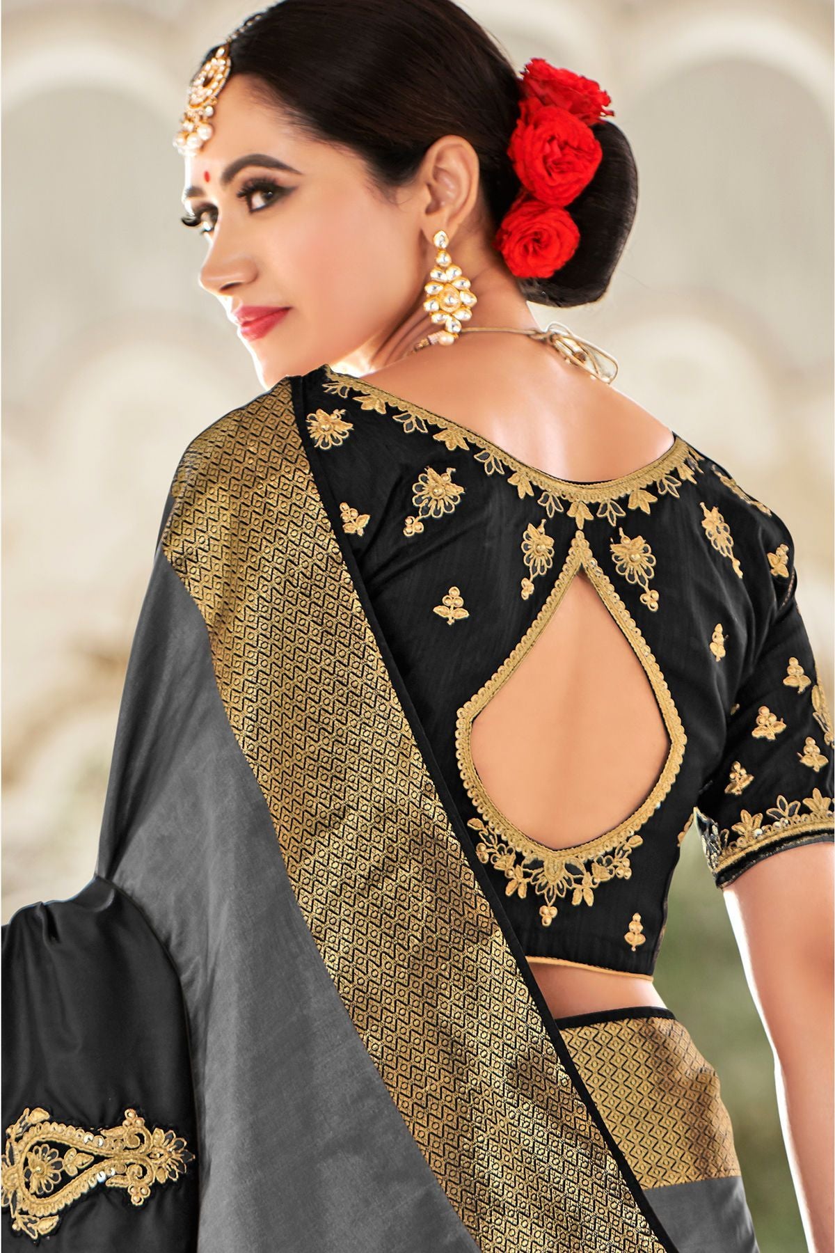 Flint Grey and Black Designer Fancy Fabric Sari
