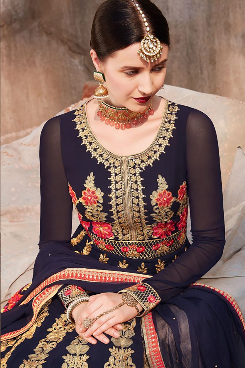 Charming Navy Blue Party Wear Anarkali Style Suit