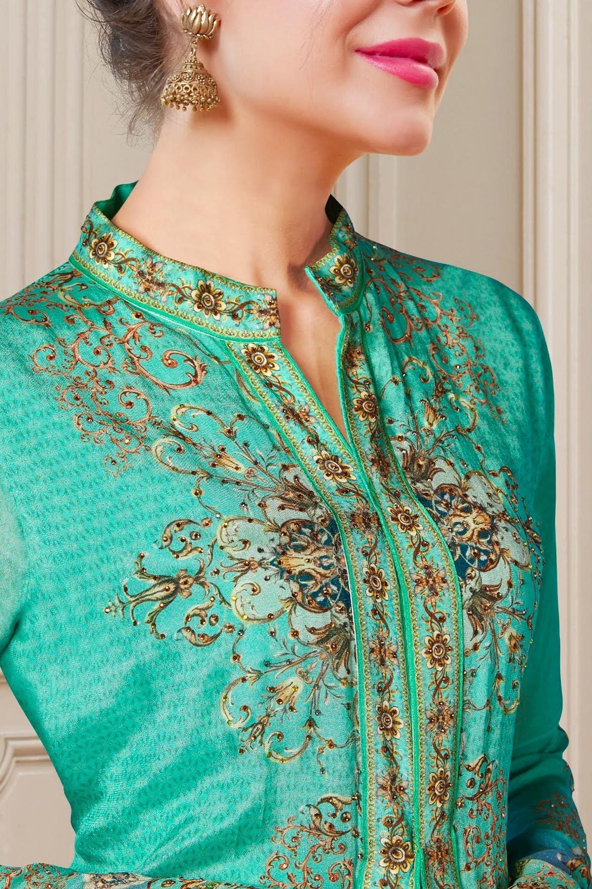 Sea Green Viscose Crepe Partywear Anarkali Suit