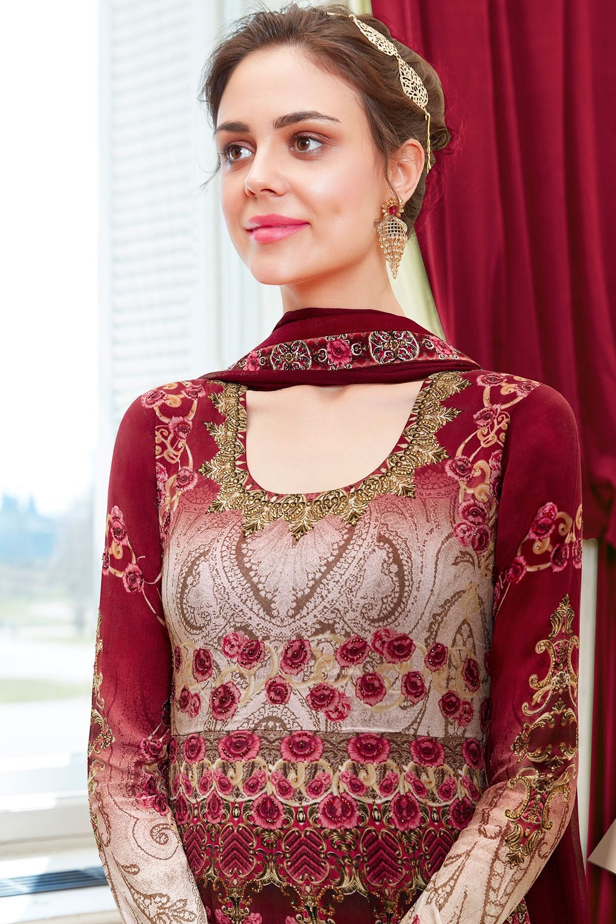 Maroon Viscose Crepe Partywear Anarkali Suit