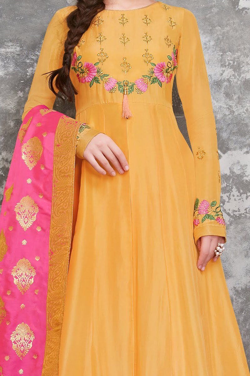 Lavishing Yellow Upada Silk Party Wear Anarkali Suit