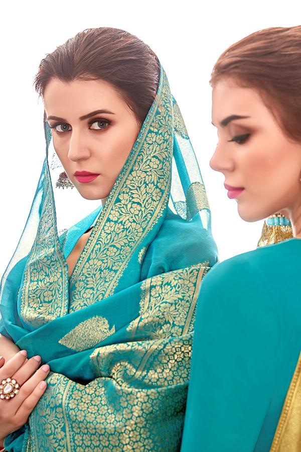 Azure Blue Chanderi Suit With Palazzo