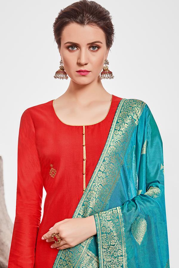 Candy Red Chanderi Suit With Palazzo