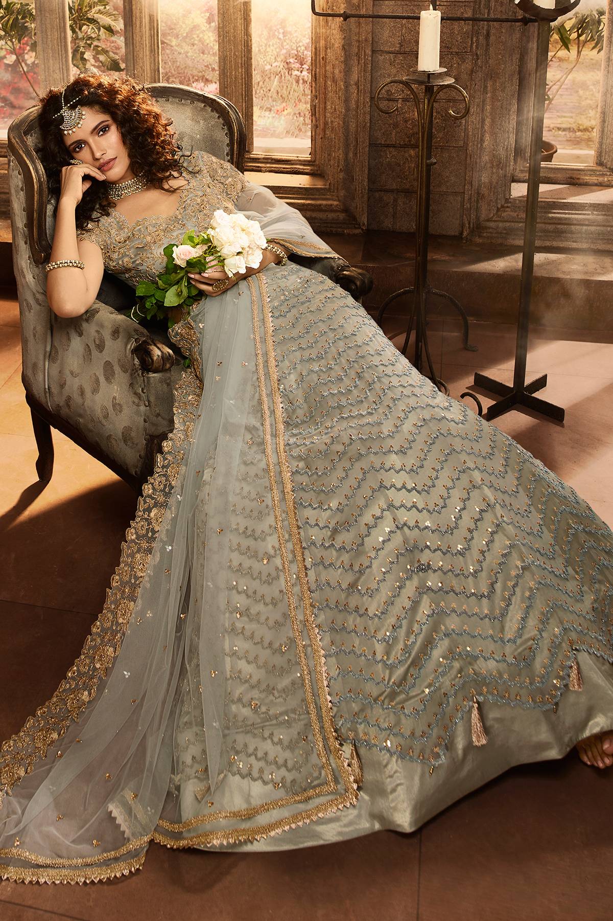 Fossil Grey Net Lehenga Choli Set