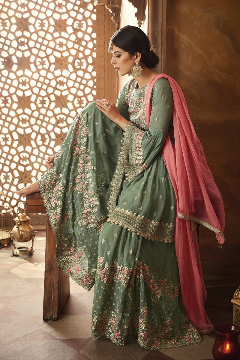 Green And Pink Embroidered Gharara Suit