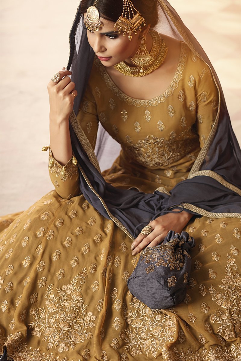 Ochre Yellow And Grey Anarkali Lehenga Style Suit