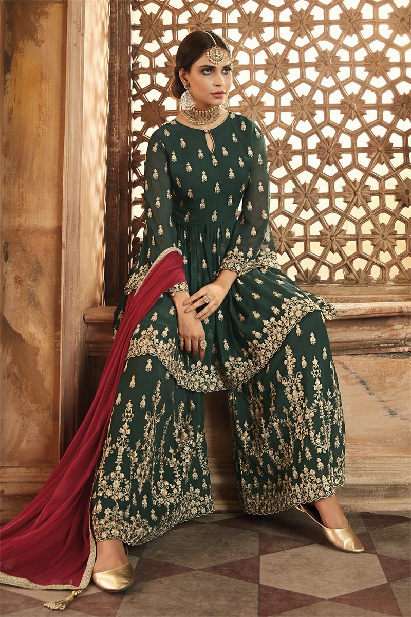 Dark Green And Red Embroidered Gharara Suit