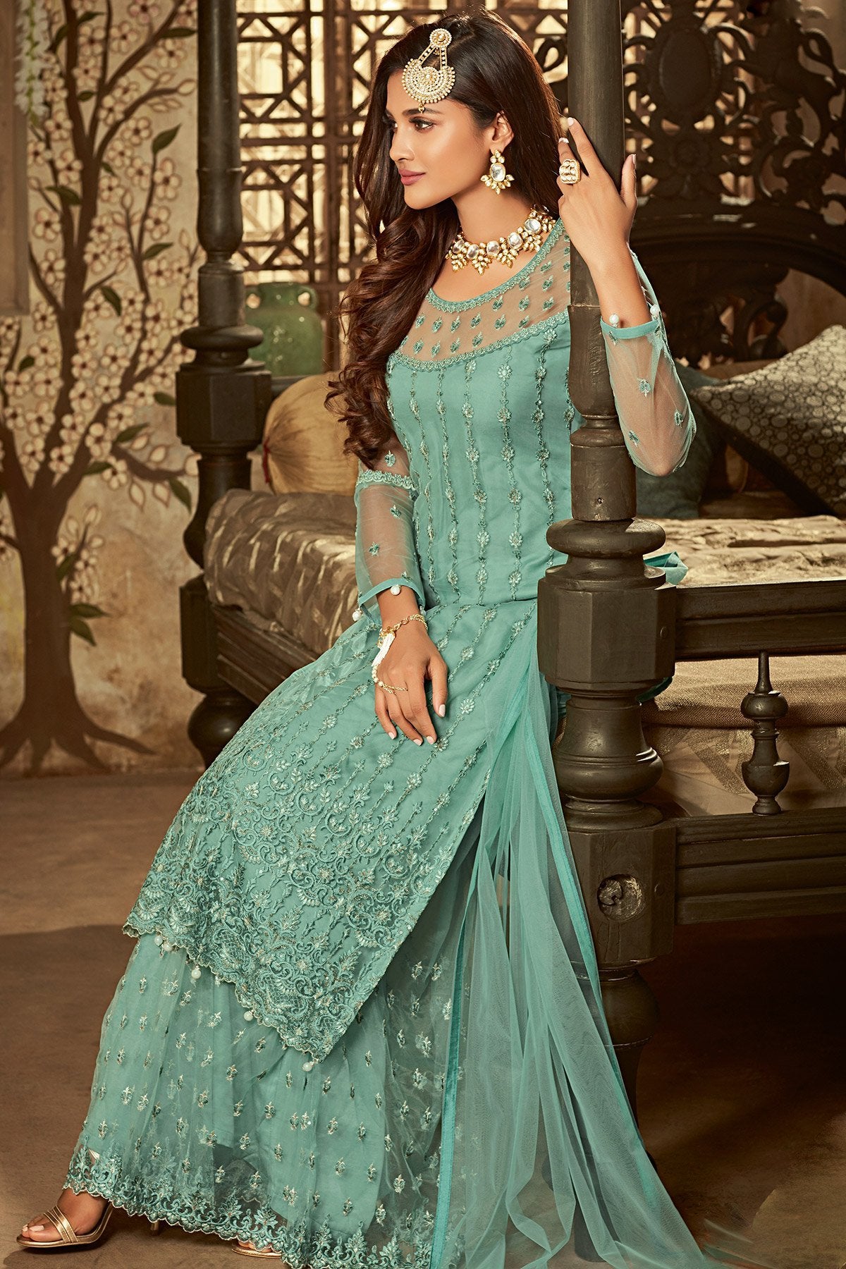 Turquoise Blue Party Wear Suit with Palazzo