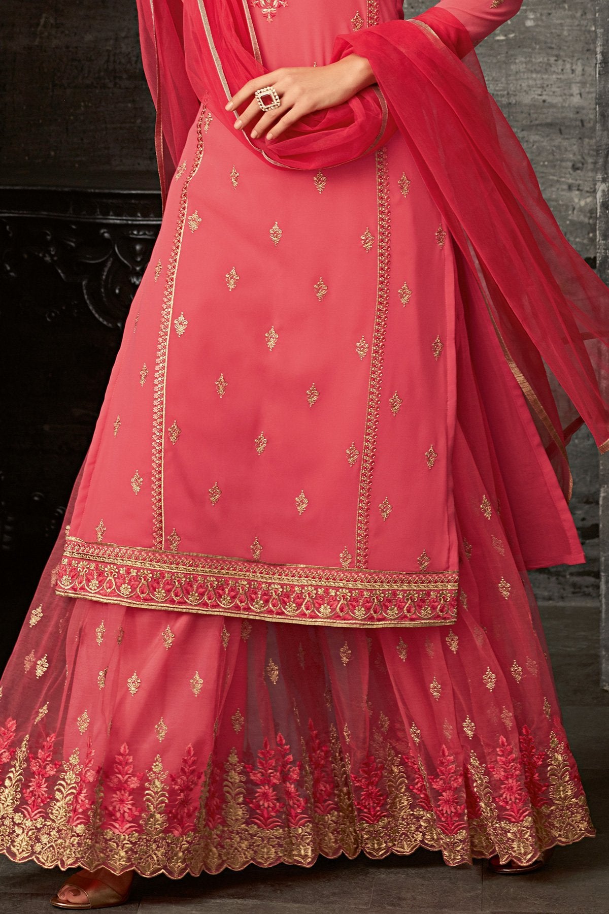 Georgette Sharara suit in Pink with darker Pink Dupatta
