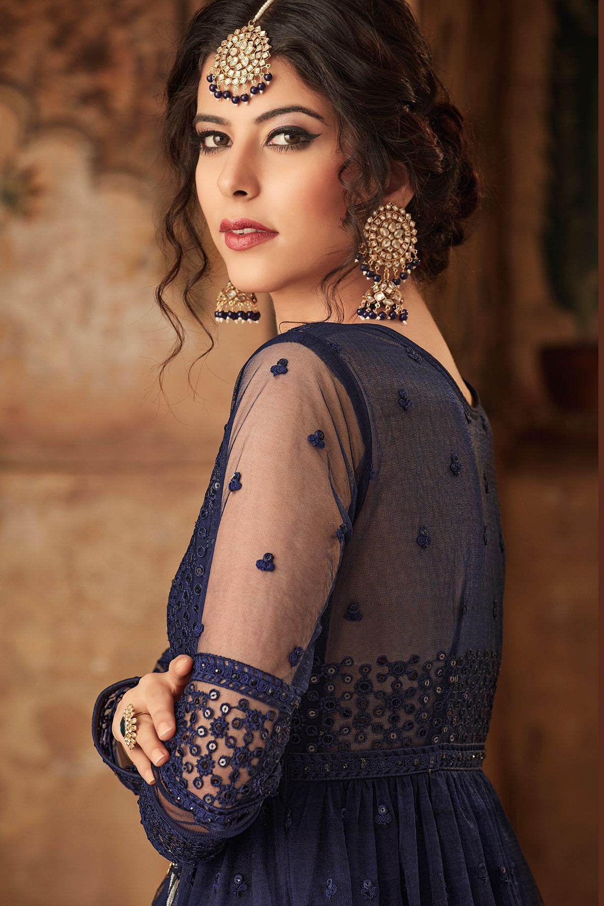 Glittering Blue Net Embroidered palazzo Suit