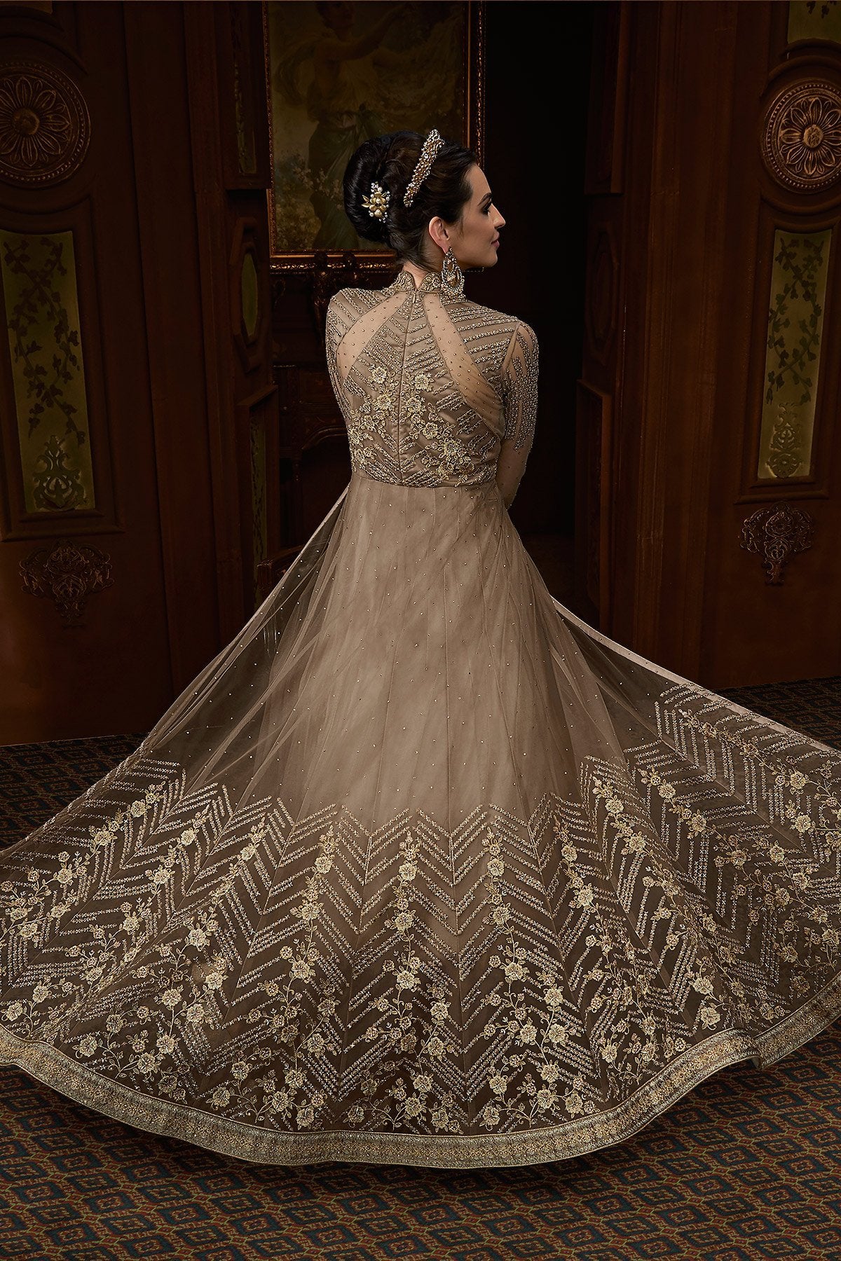 Stone Grey Party Wear Designer Anarkali Suit