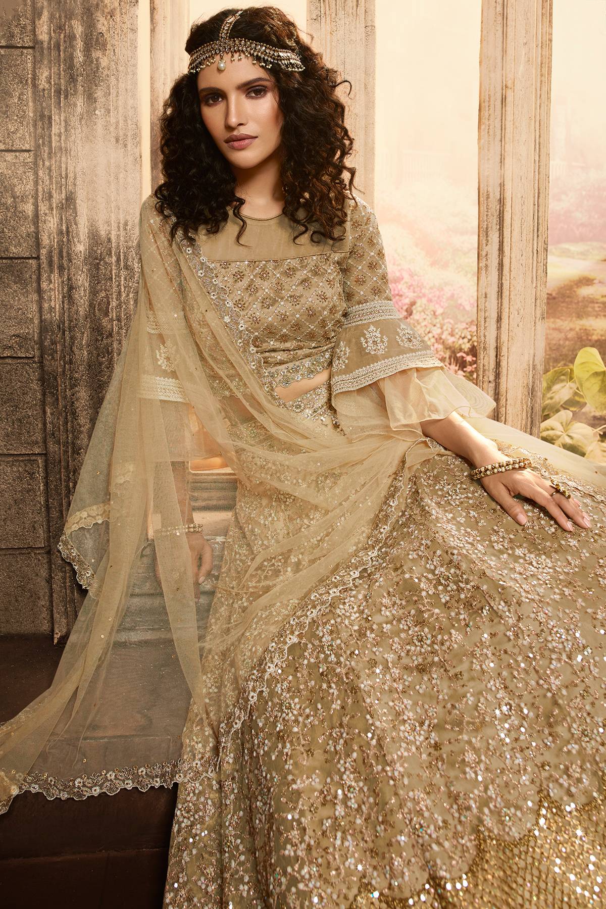Golden Beige Net Lehenga Choli Set