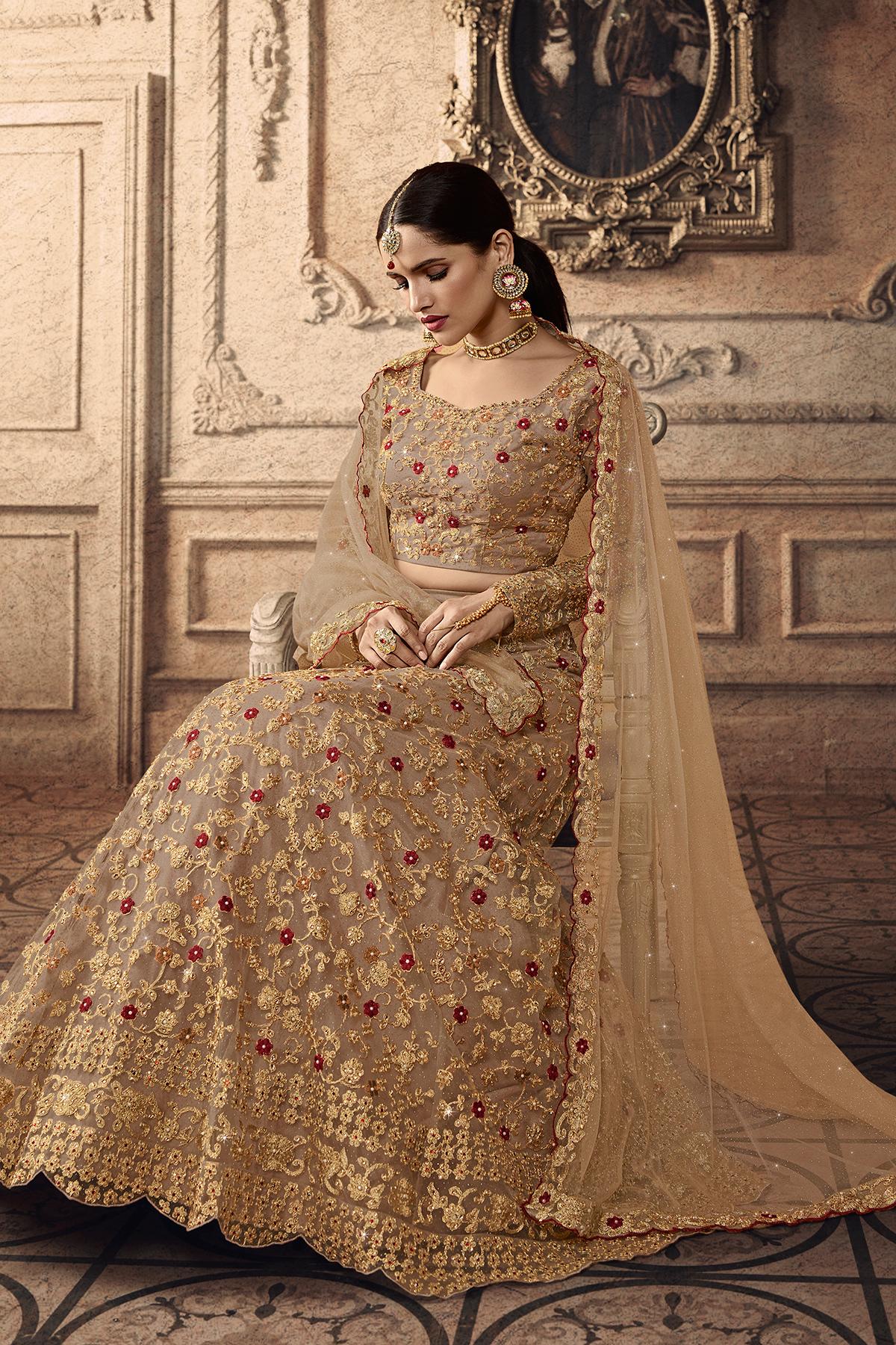 Golden Chiku Designer Net Lehenga Choli Set