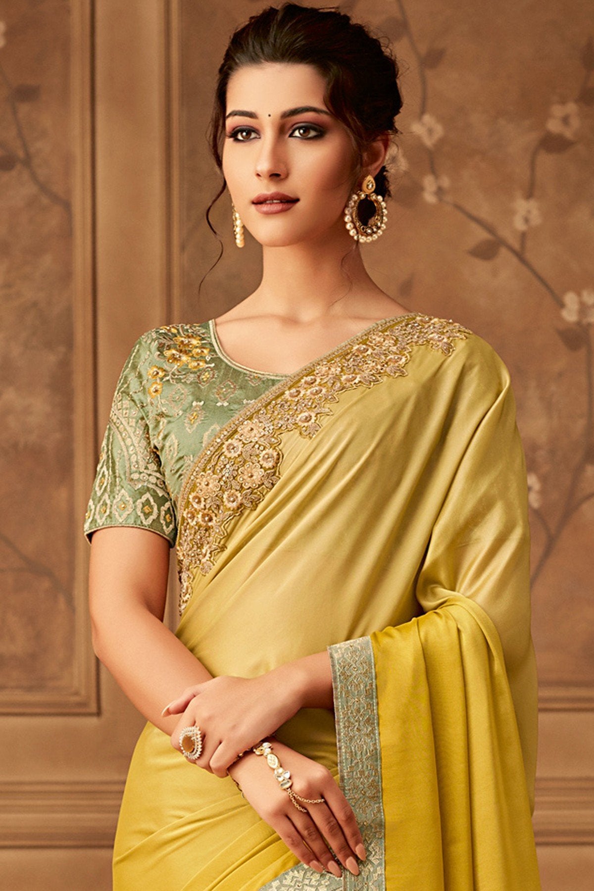 Golden Designer Party Wear Silk Sari