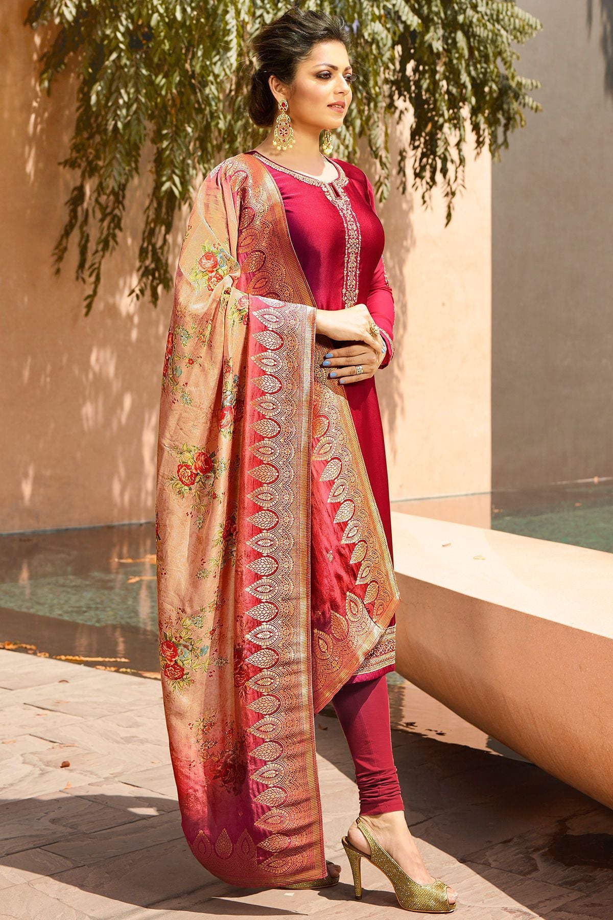 Granet Red Georgette Casual Straight Suit