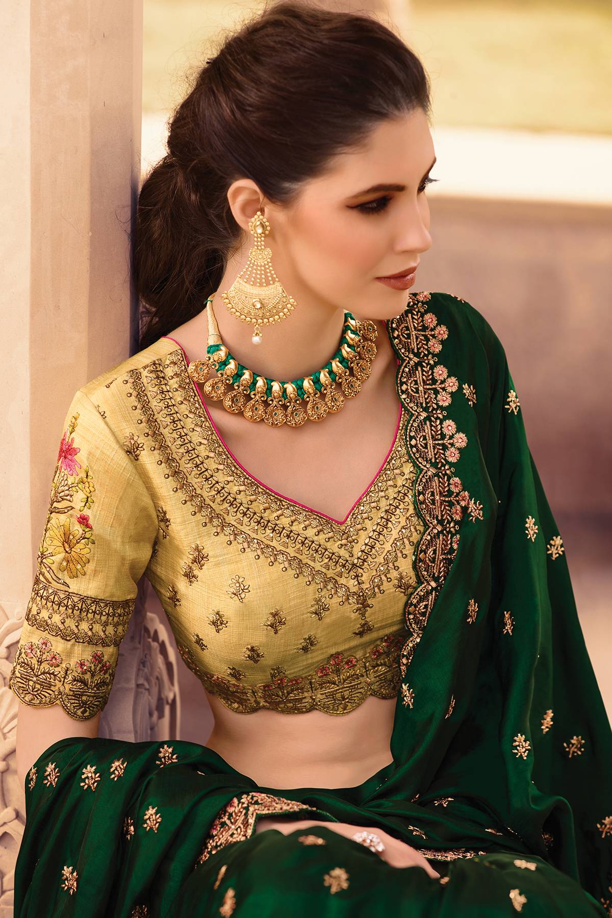 Green and Golden Designer Silk Sari