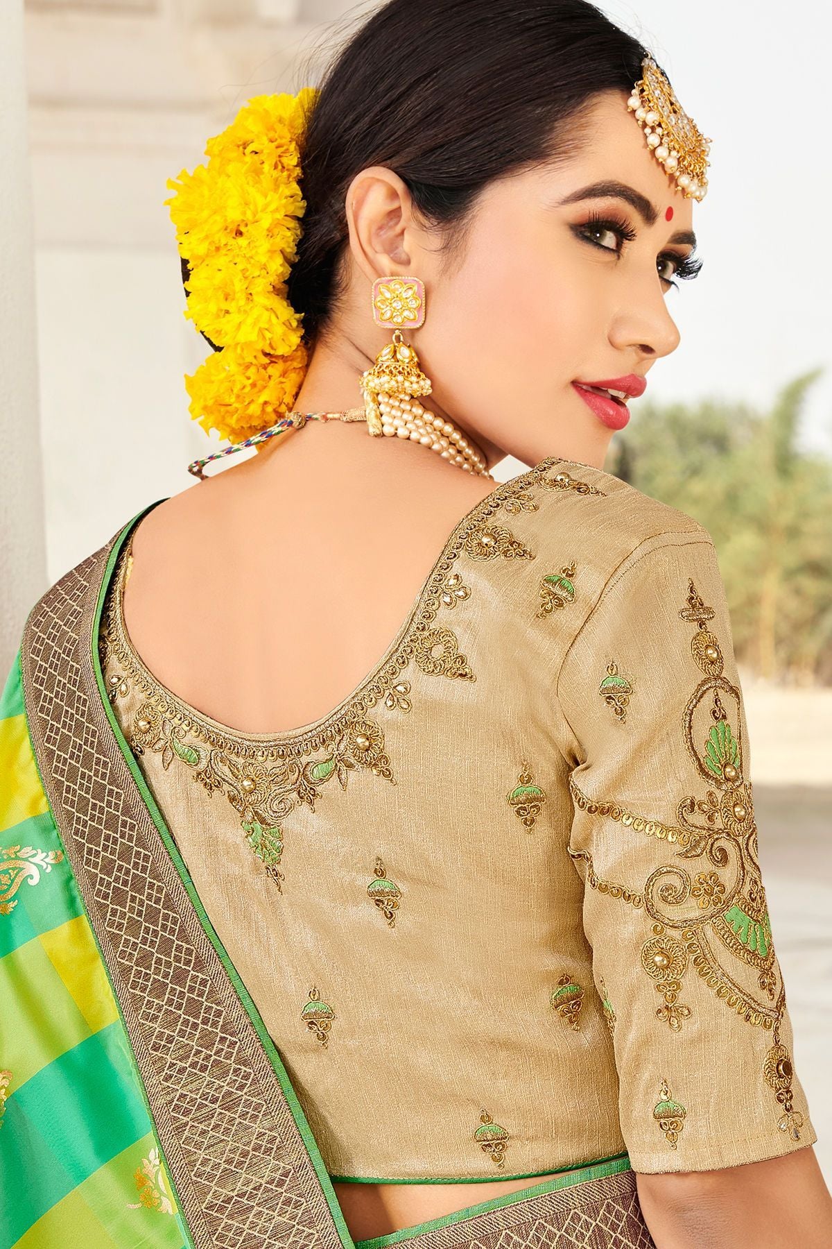 Green and Grey Designer Fancy Fabric Sari