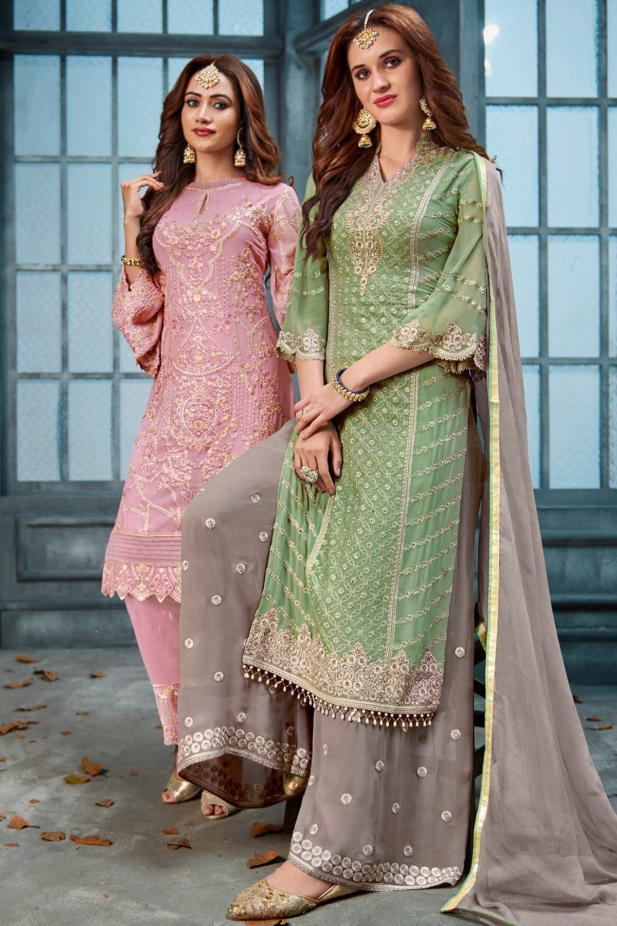 Green And Grey Embroidered Palazzo Suit